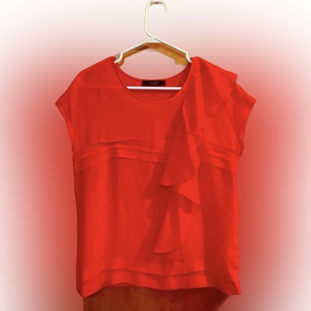 Blouse Fire engine red/ bright red frills left shdr pleats mid chest and border